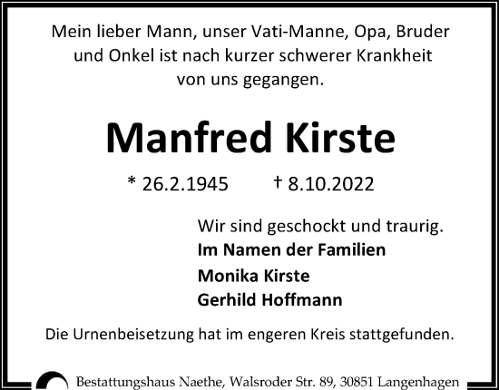 Traueranzeige von Manfred Kirste von Hannoversche Allgemeine Zeitung/Neue Presse