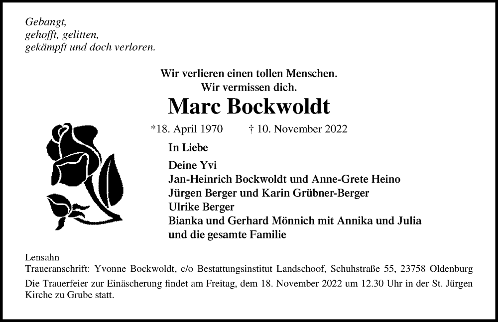 Traueranzeige für Marc Bockwoldt vom 16.11.2022 aus Lübecker Nachrichten