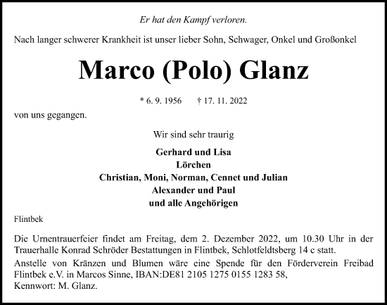 Traueranzeige von Marco Glanz von Kieler Nachrichten