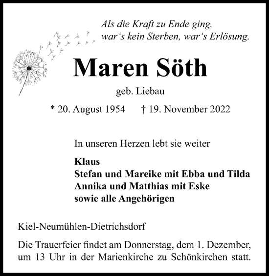 Traueranzeige von Maren Söth von Kieler Nachrichten