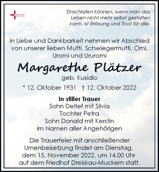 Traueranzeige von Margarethe Plätzer von Leipziger Volkszeitung