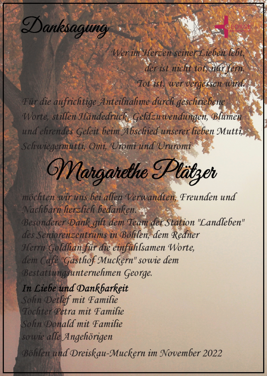 Traueranzeige von Margarethe Plätzer von Leipziger Volkszeitung