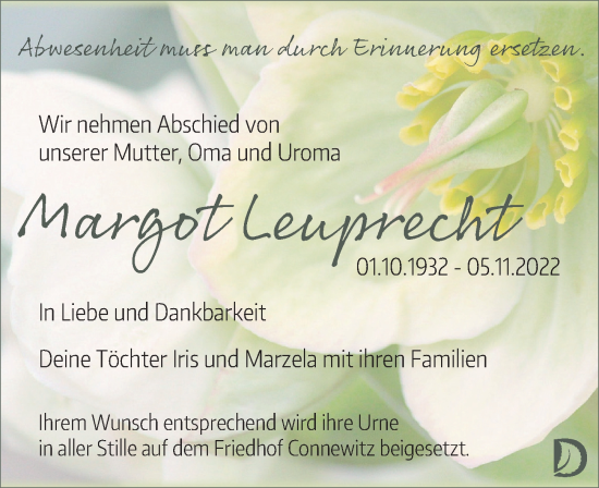 Traueranzeige von Margot Leuprecht von Leipziger Volkszeitung