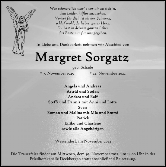 Traueranzeige von Margret Sorgatz von Schaumburger Nachrichten