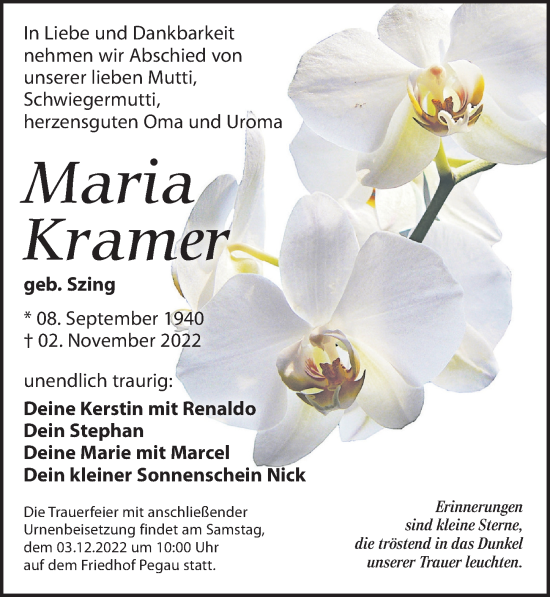 Traueranzeige von Maria Kramer von Leipziger Volkszeitung