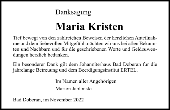 Traueranzeige von Maria Kristen von Ostsee-Zeitung GmbH