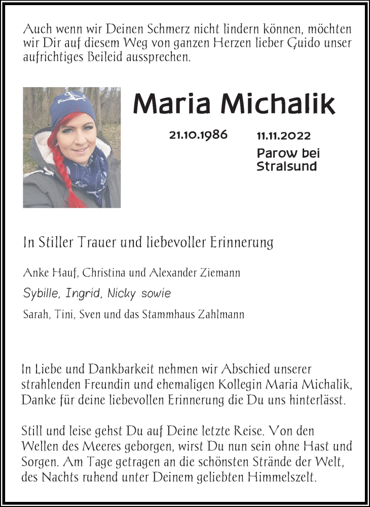  Traueranzeige für Maria Michalik vom 18.11.2022 aus Ostsee-Zeitung GmbH