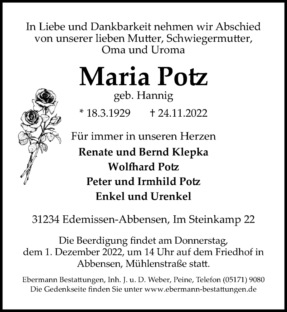  Traueranzeige für Maria Potz vom 26.11.2022 aus Peiner Allgemeine Zeitung