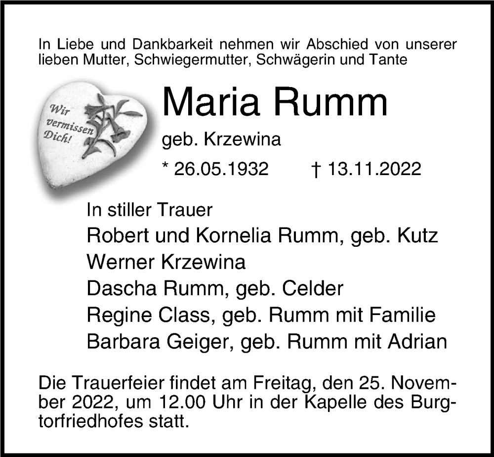  Traueranzeige für Maria Rumm vom 20.11.2022 aus Lübecker Nachrichten