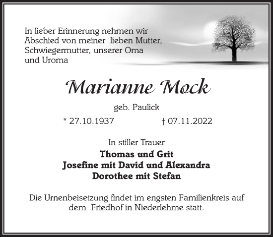 Traueranzeige von Marianne Mock von Märkischen Allgemeine Zeitung
