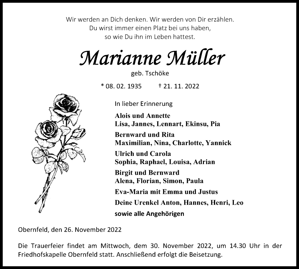  Traueranzeige für Marianne Müller vom 26.11.2022 aus Göttinger Tageblatt