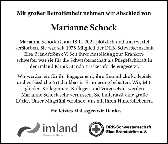 Traueranzeige von Marianne Schock von Kieler Nachrichten
