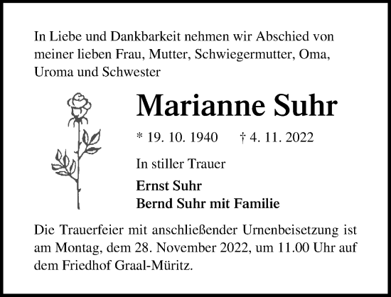 Traueranzeige von Marianne Suhr von Ostsee-Zeitung GmbH