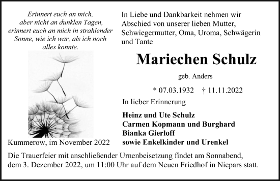 Traueranzeige von Mariechen Schulz von Ostsee-Zeitung GmbH