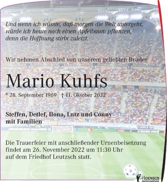 Traueranzeige von Mario Kuhfs von Leipziger Volkszeitung