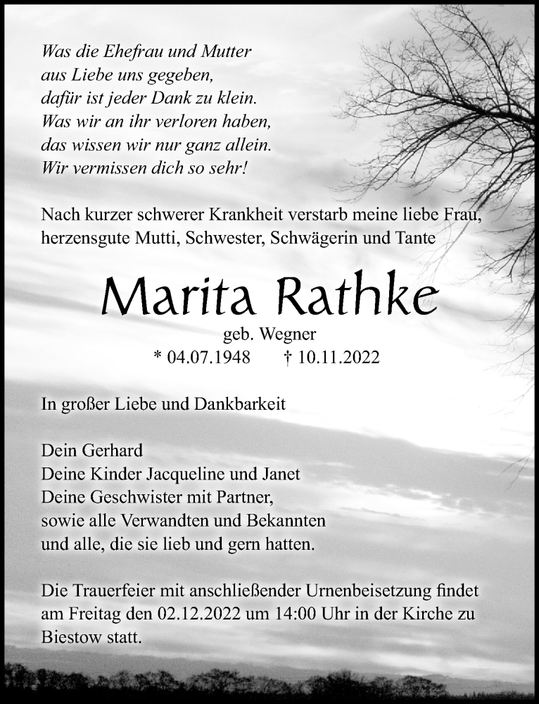  Traueranzeige für Marita Rathke vom 19.11.2022 aus Ostsee-Zeitung GmbH