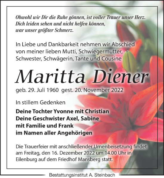 Traueranzeige von Maritta Diener von Leipziger Volkszeitung