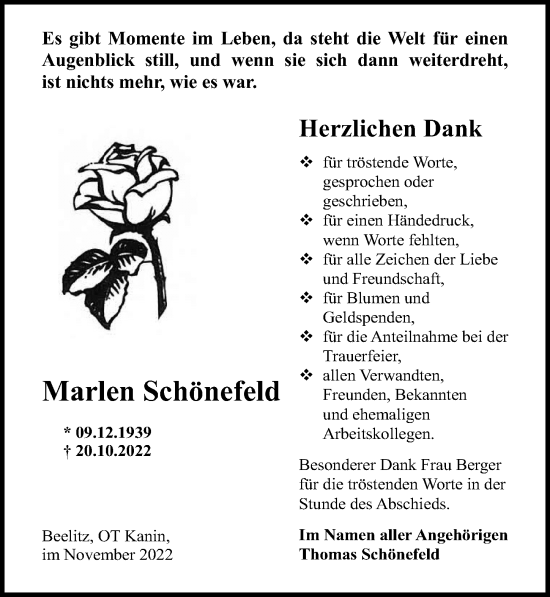 Traueranzeige von Marlen Schönefeld von Märkischen Allgemeine Zeitung