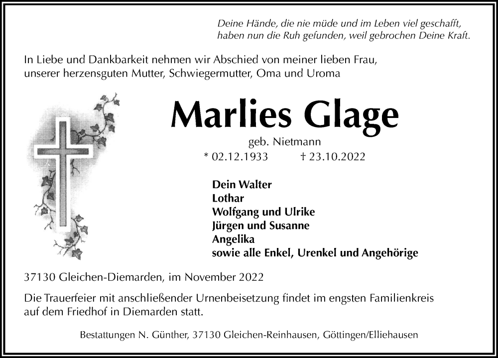  Traueranzeige für Marlies Glage vom 05.11.2022 aus Göttinger Tageblatt