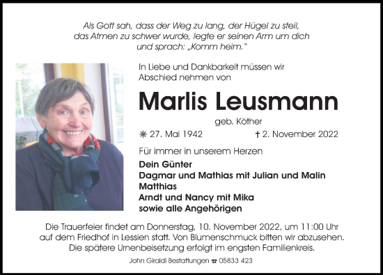 Traueranzeige von Marlis Leusmann von Aller Zeitung