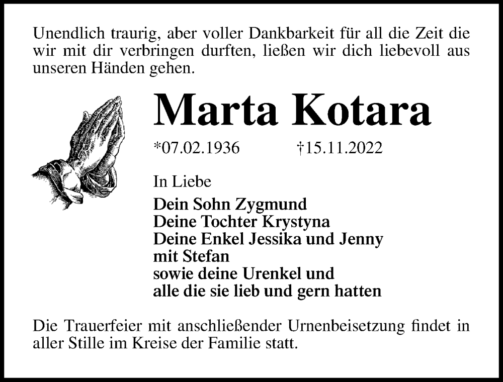  Traueranzeige für Marta Kotara vom 19.11.2022 aus Ostsee-Zeitung GmbH