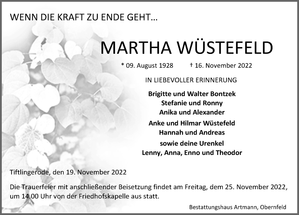  Traueranzeige für Martha Wüstefeld vom 19.11.2022 aus Eichsfelder Tageblatt