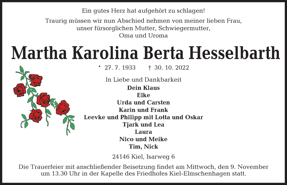  Traueranzeige für Martha Karolina Berta Hesselbarth vom 05.11.2022 aus Kieler Nachrichten