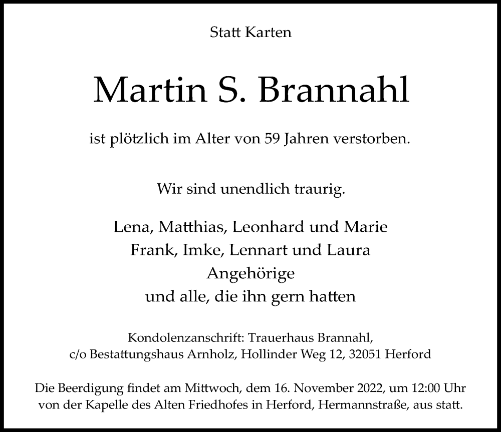  Traueranzeige für Martin Brannahl vom 12.11.2022 aus Hannoversche Allgemeine Zeitung/Neue Presse