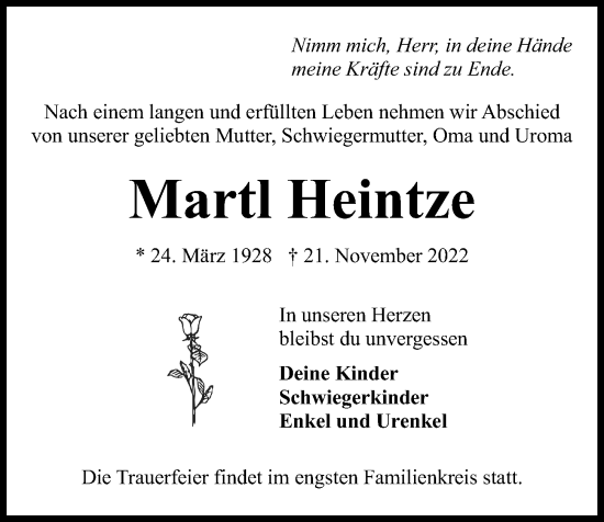 Traueranzeige von Martl Heintze von Kieler Nachrichten