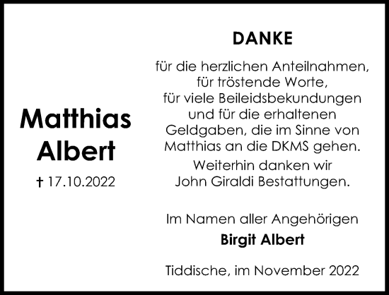 Traueranzeige von Matthias Albert von Aller Zeitung