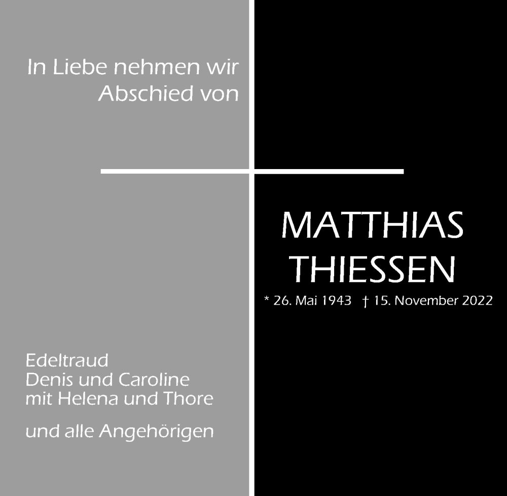  Traueranzeige für Matthias Thiessen vom 20.11.2022 aus Lübecker Nachrichten