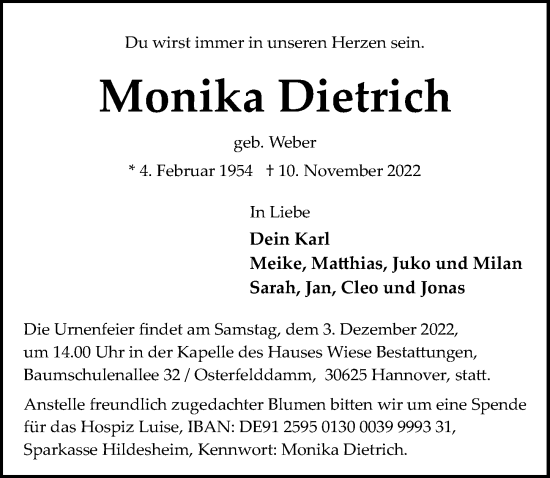 Traueranzeige von Monika Dietrich von Hannoversche Allgemeine Zeitung/Neue Presse