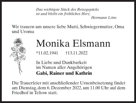 Traueranzeige von Monika Elsmann von Märkischen Allgemeine Zeitung