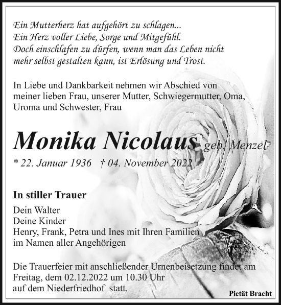 Traueranzeige von Monika Nicolaus von Leipziger Volkszeitung