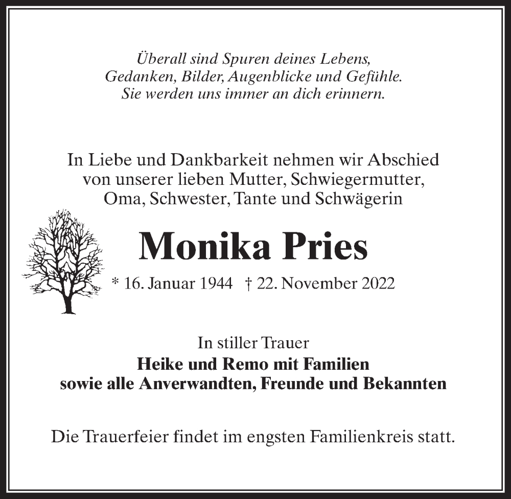  Traueranzeige für Monika Pries vom 26.11.2022 aus Märkischen Allgemeine Zeitung