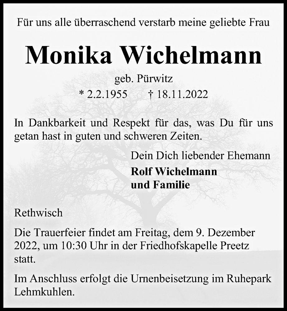  Traueranzeige für Monika Wichelmann vom 26.11.2022 aus Kieler Nachrichten