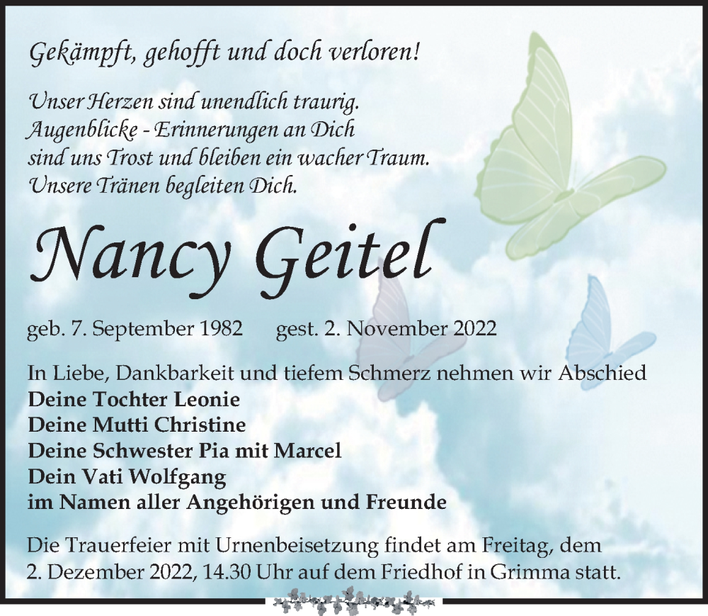  Traueranzeige für Nancy Geitel vom 12.11.2022 aus Leipziger Volkszeitung