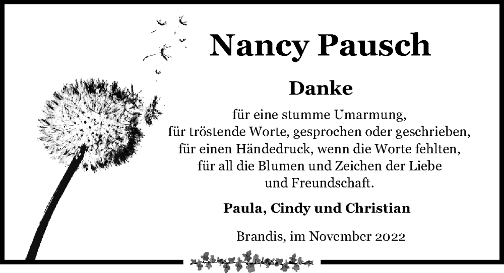  Traueranzeige für Nancy Pausch vom 19.11.2022 aus Leipziger Volkszeitung