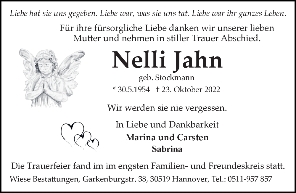  Traueranzeige für Nelli Jahn vom 19.11.2022 aus Hannoversche Allgemeine Zeitung/Neue Presse
