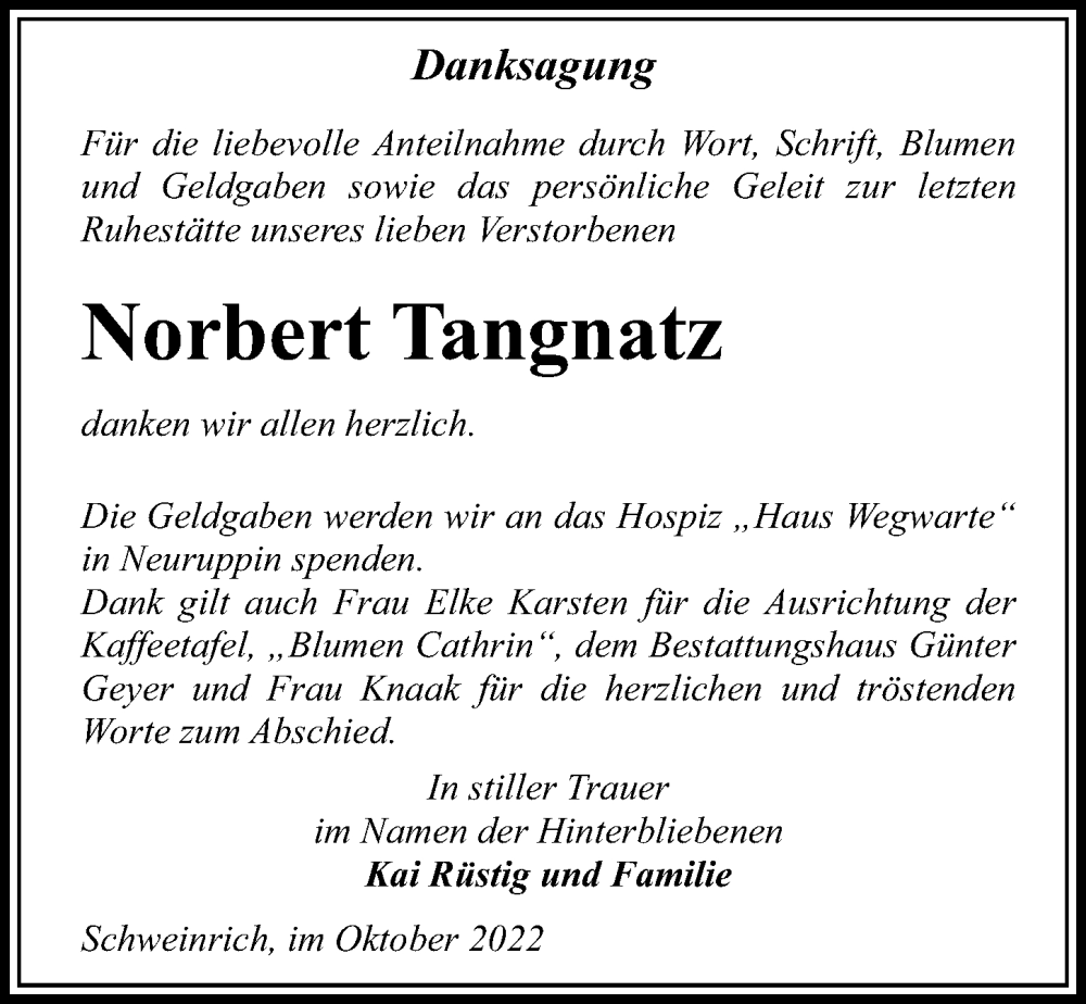  Traueranzeige für Norbert Tangnatz vom 05.11.2022 aus Märkischen Allgemeine Zeitung