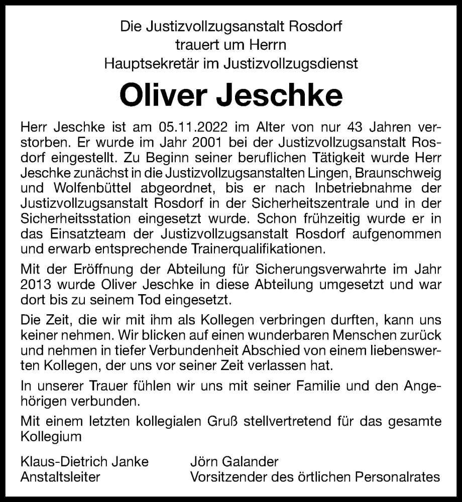  Traueranzeige für Oliver Jeschke vom 12.11.2022 aus Göttinger Tageblatt