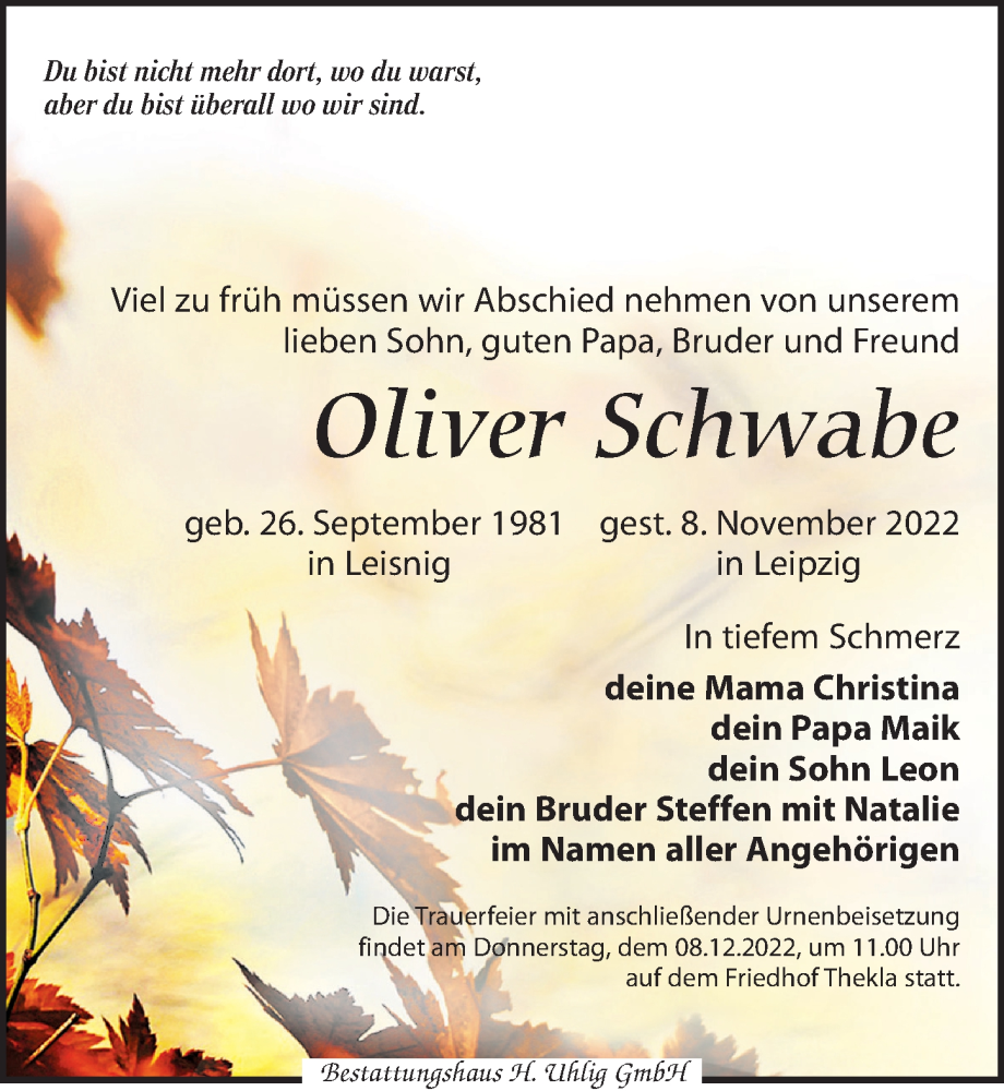  Traueranzeige für Oliver Schwabe vom 26.11.2022 aus Leipziger Volkszeitung