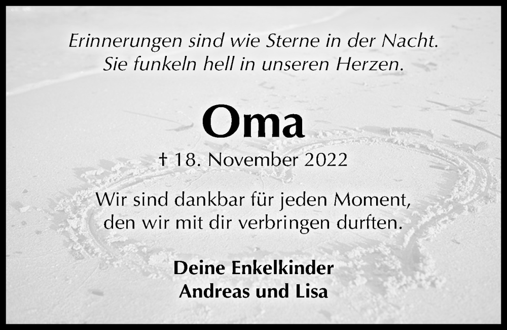  Traueranzeige für Oma  vom 26.11.2022 aus Kieler Nachrichten