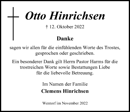 Traueranzeige von Otto Hinrichsen von Kieler Nachrichten