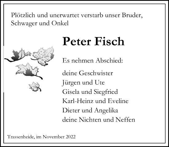 Traueranzeige von Peter Fisch von Ostsee-Zeitung GmbH