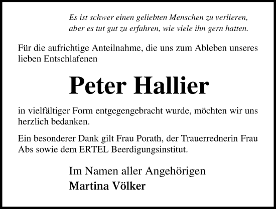 Traueranzeige von Peter Hallier von Ostsee-Zeitung GmbH