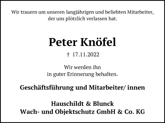 Traueranzeige von Peter Knöfel von Kieler Nachrichten