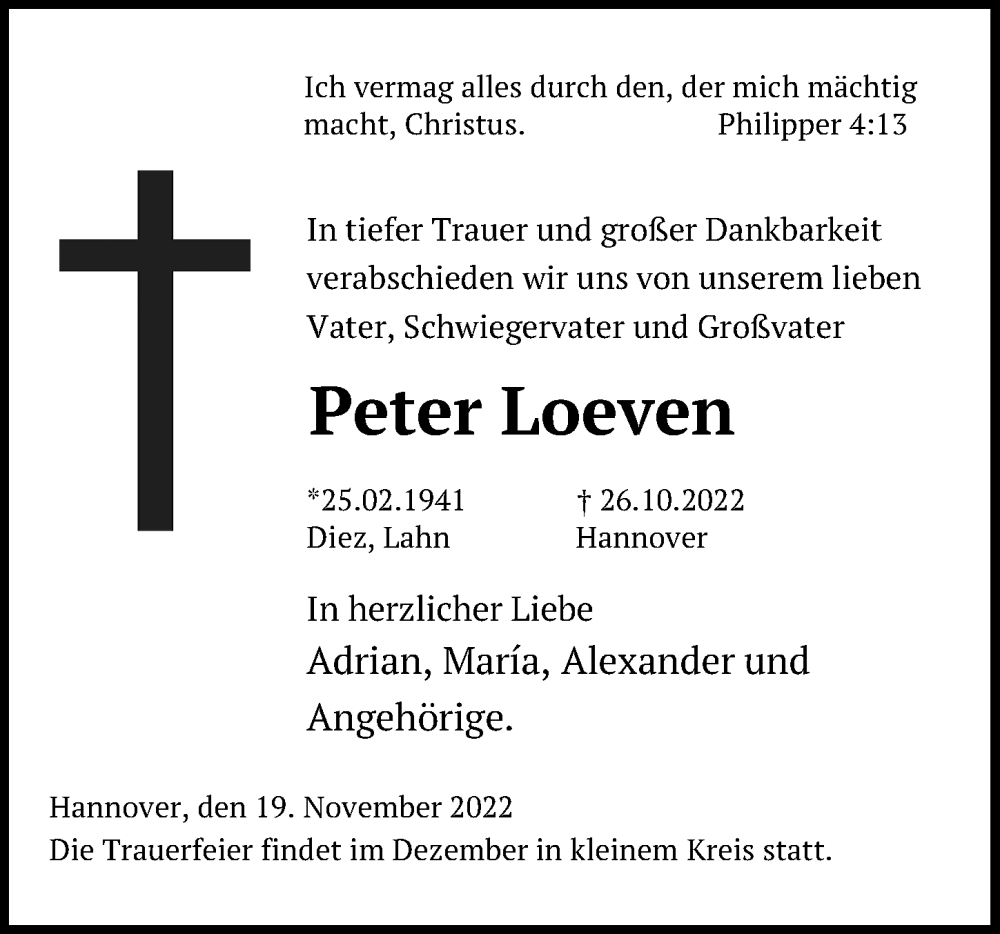  Traueranzeige für Peter Loeven vom 19.11.2022 aus Hannoversche Allgemeine Zeitung/Neue Presse