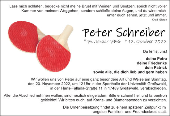 Traueranzeige von Peter Schreiber von Ostsee-Zeitung GmbH