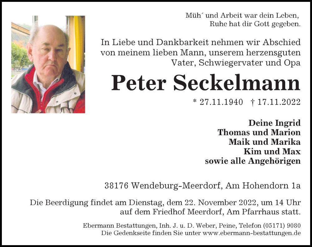  Traueranzeige für Peter Seckelmann vom 19.11.2022 aus Peiner Allgemeine Zeitung